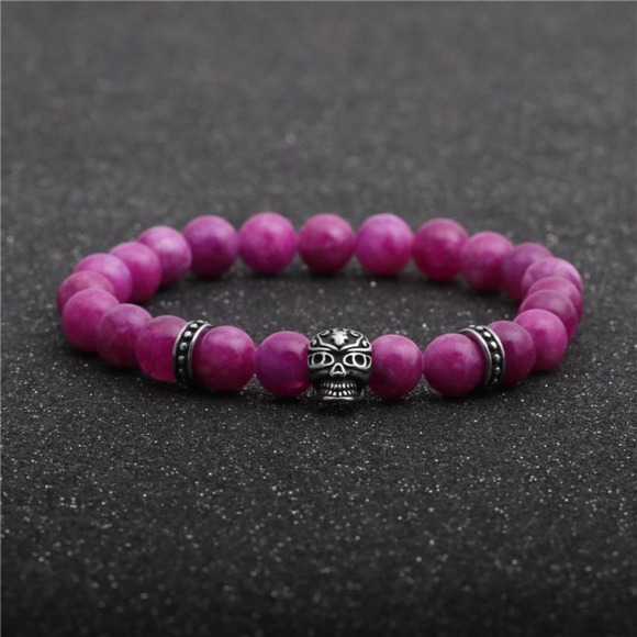 Purple Agate Stone Silver Skull Stretch Bracelet - Picture 2 of 3
